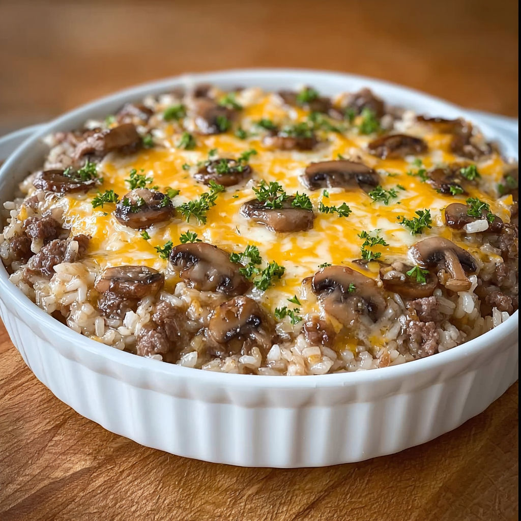 A creamy beef and mushroom rice bake.