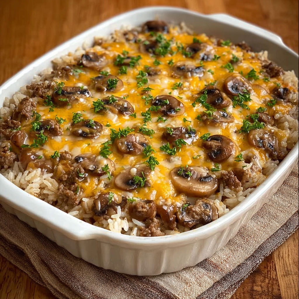 A creamy beef and mushroom rice bake.