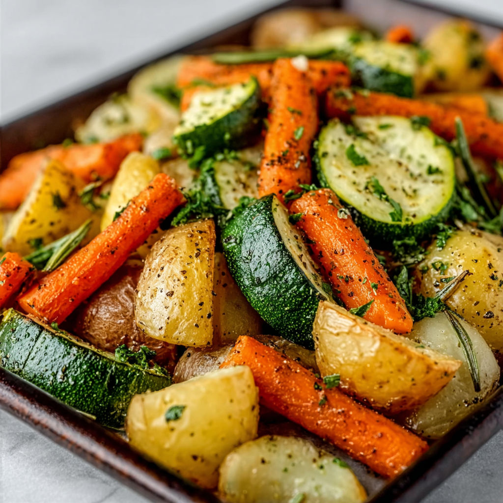 A dish of roasted vegetables with garlic and herbs.