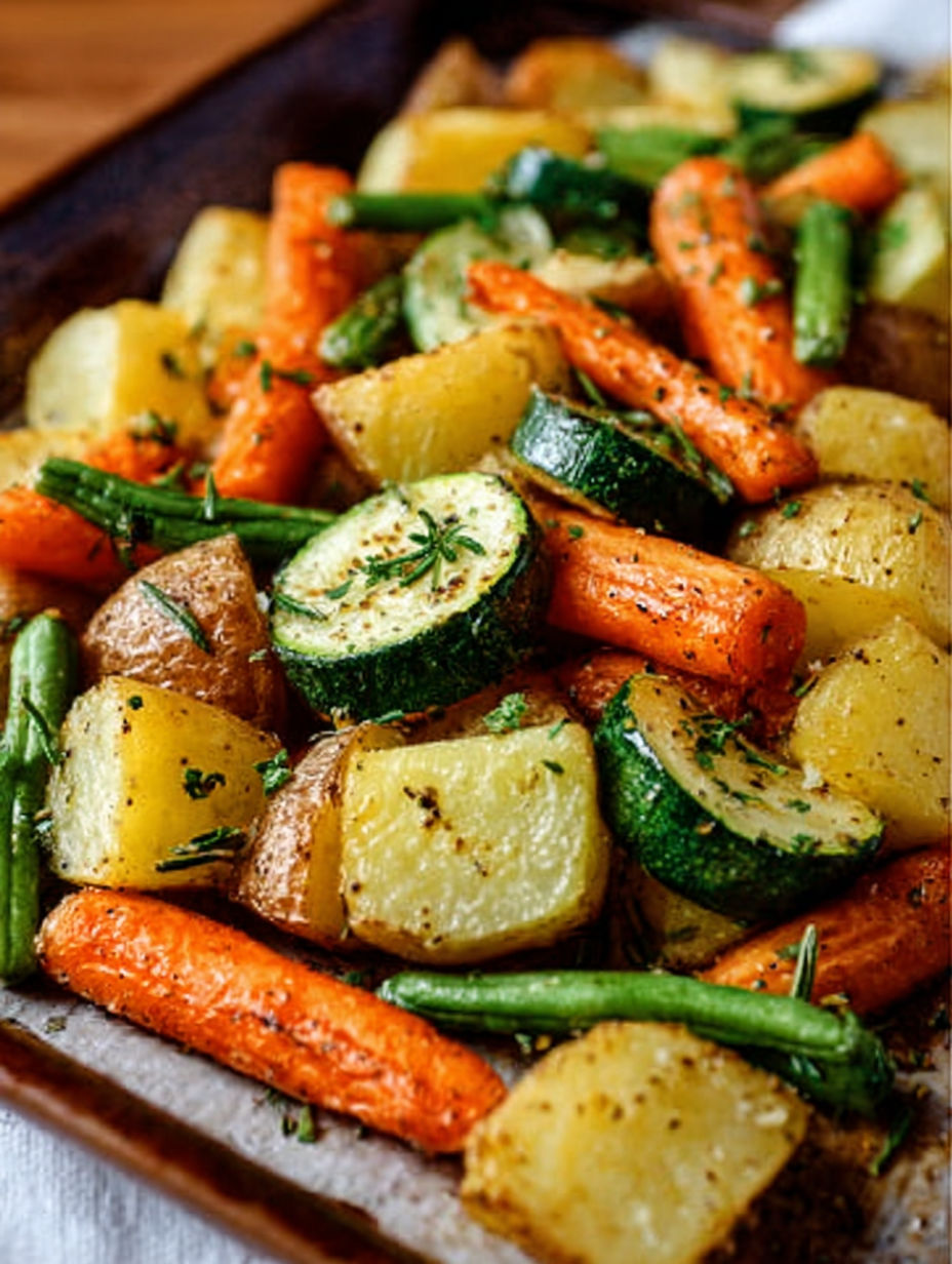 A dish of roasted vegetables with garlic and herbs.