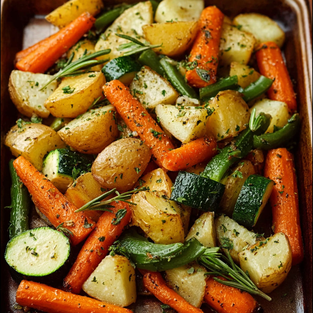 A pan of roasted vegetables with garlic and herbs.