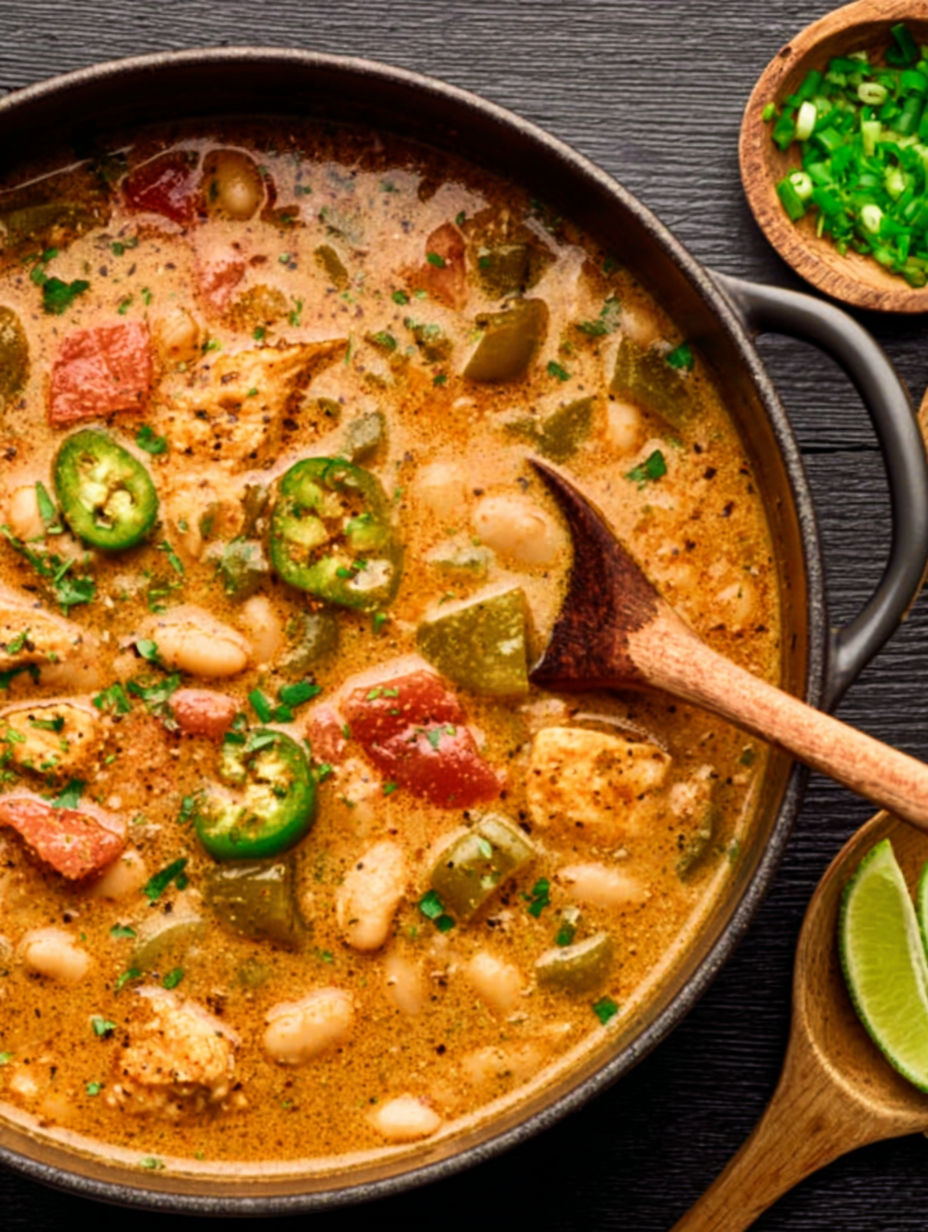 A bowl of Cajun White Chicken Chili with a spoon in it.