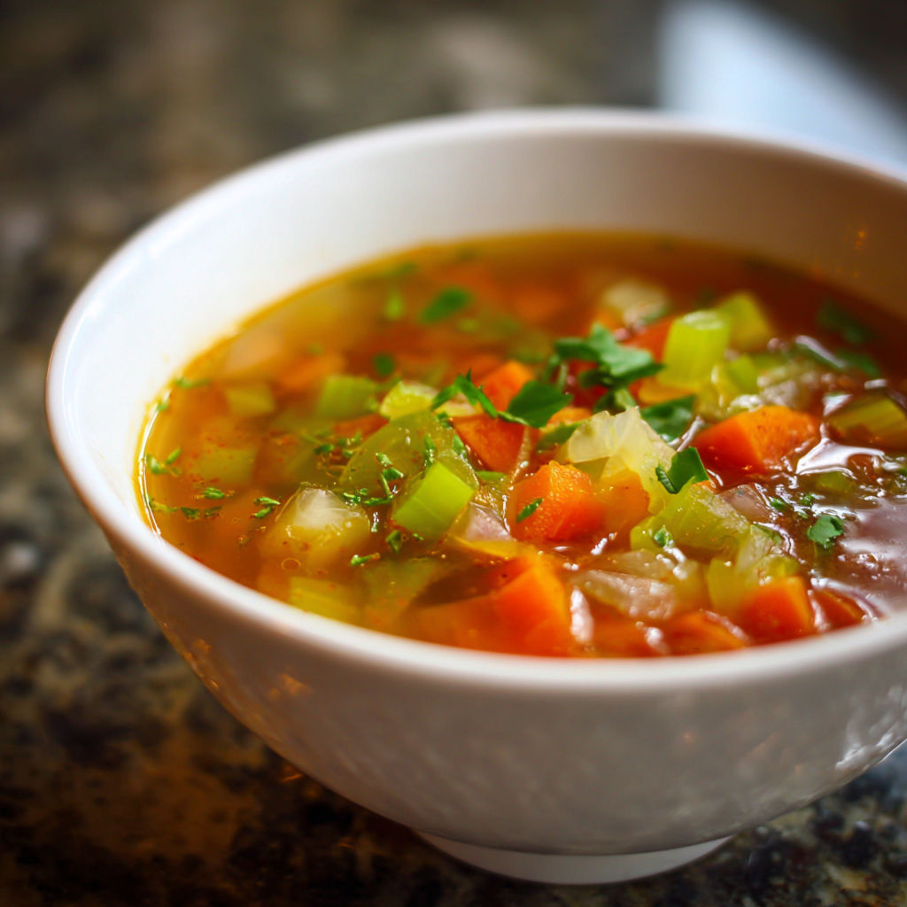 A bowl of soup with vegetables and herbs.