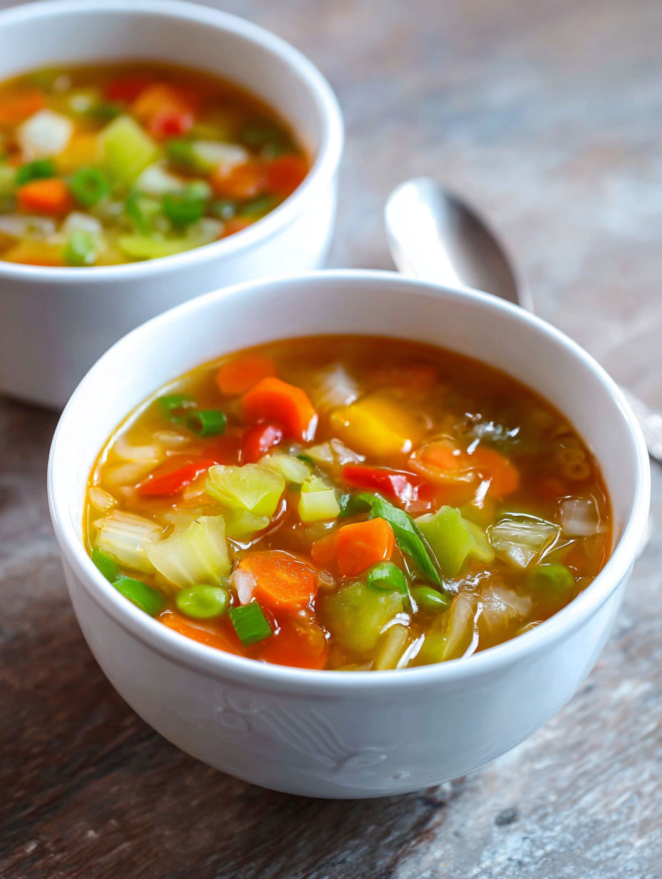Two bowls of soup with carrots and celery.