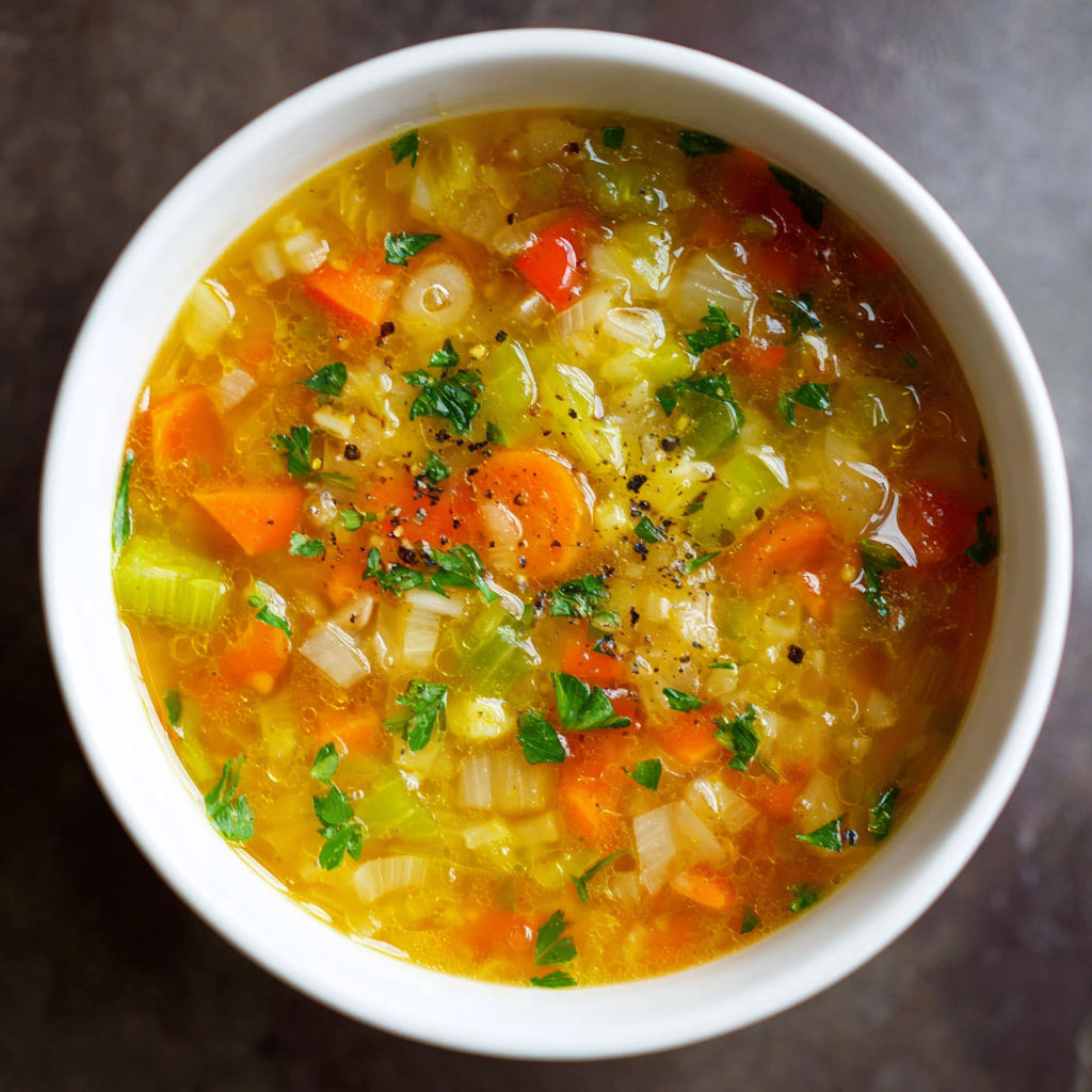A bowl of soup with carrots and parsley.