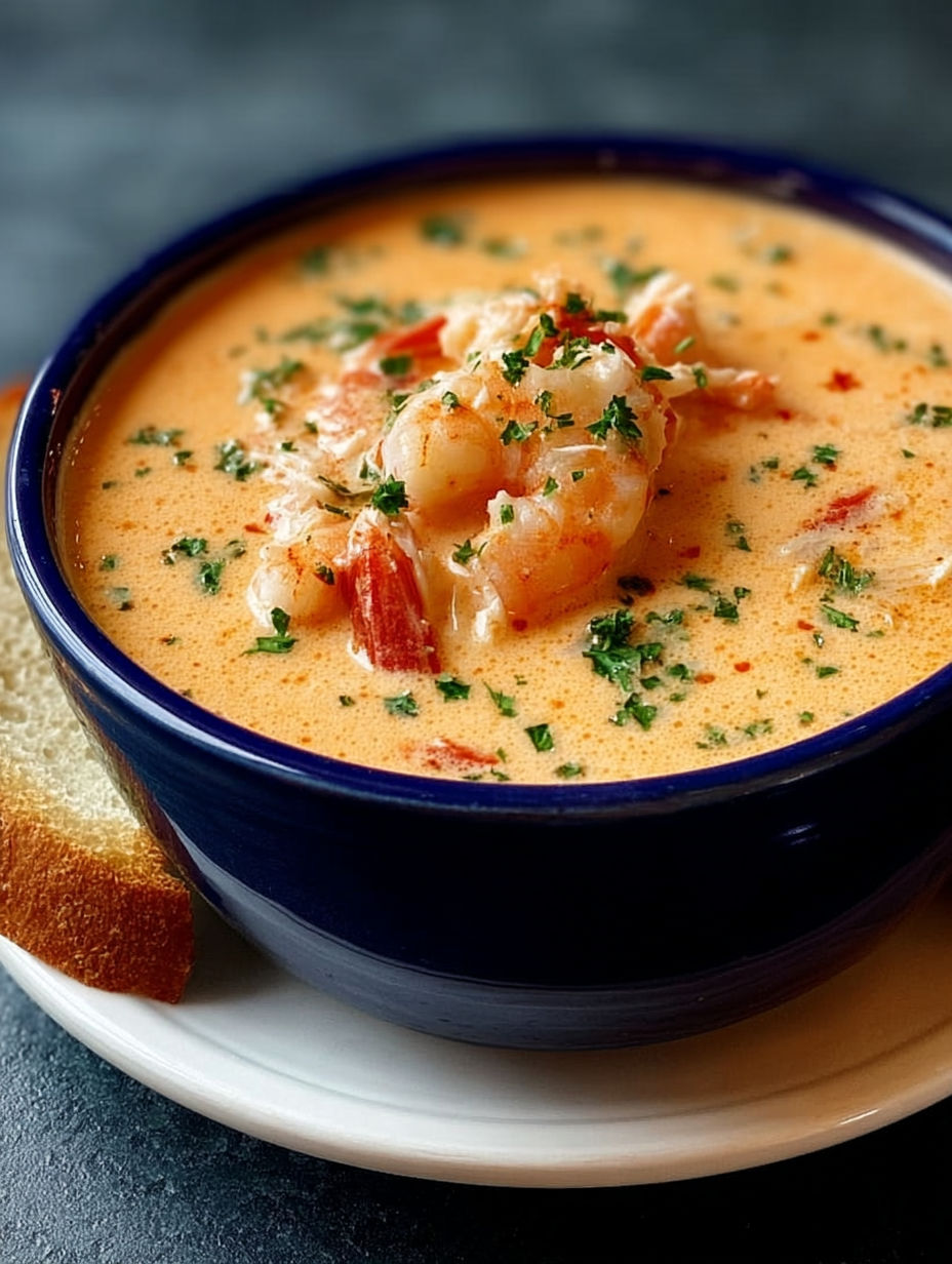 A bowl of creamy crab and shrimp seafood bisque.