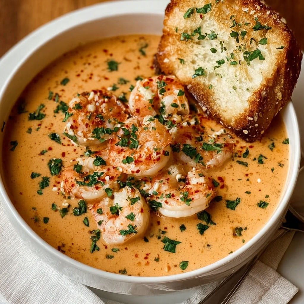 A bowl of creamy crab and shrimp seafood bisque.