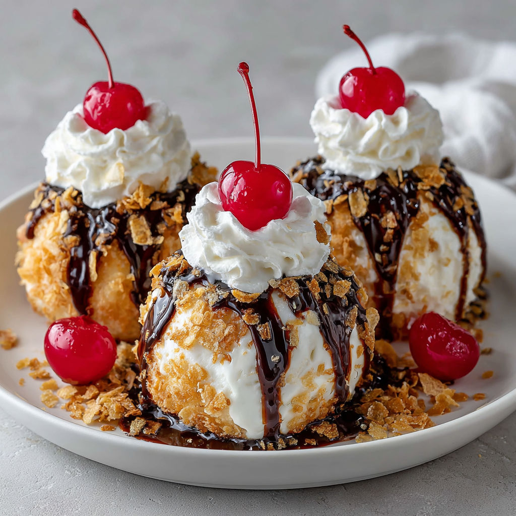 Three fried cherry desserts with whipped cream on a plate.