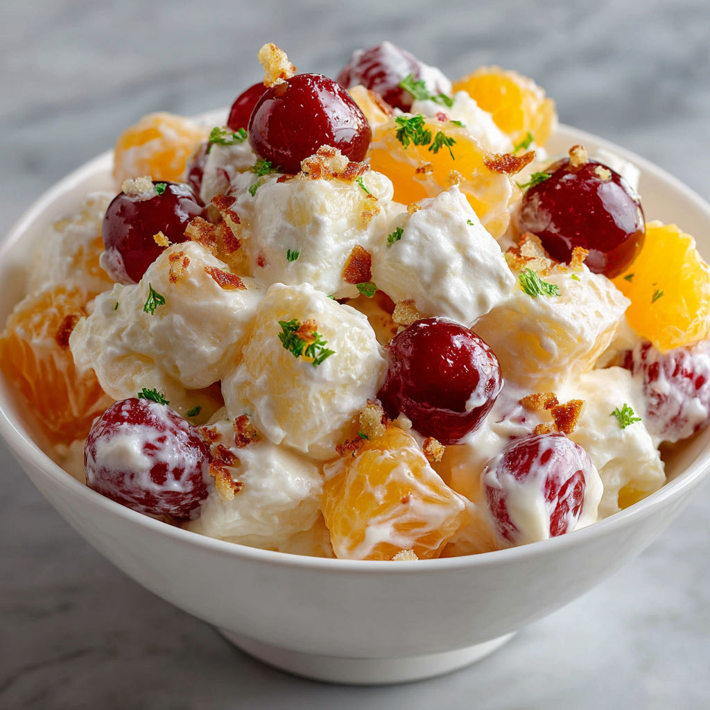 A bowl of fruit with a green garnish.