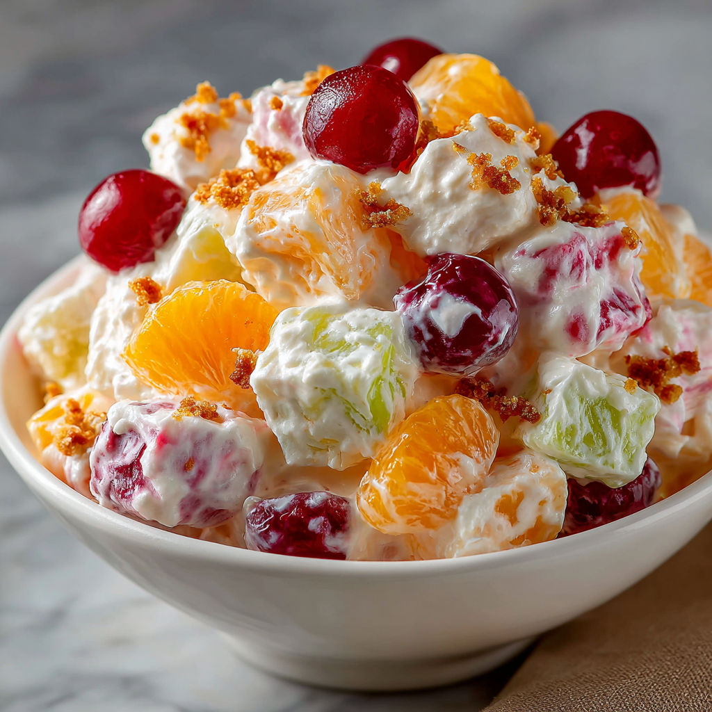 A bowl of fruit salad with oranges, cherries, and other fruits.