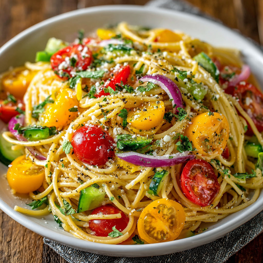 A bowl of spaghetti with tomatoes and onions.