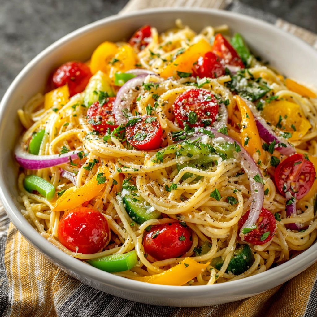 A bowl of spaghetti with tomatoes and peppers.