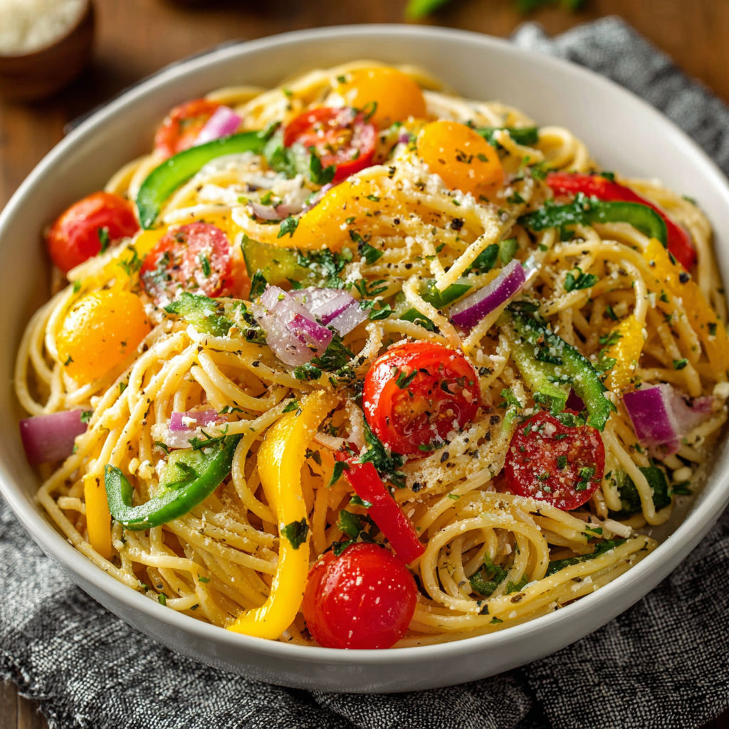A bowl of spaghetti with tomatoes and onions.
