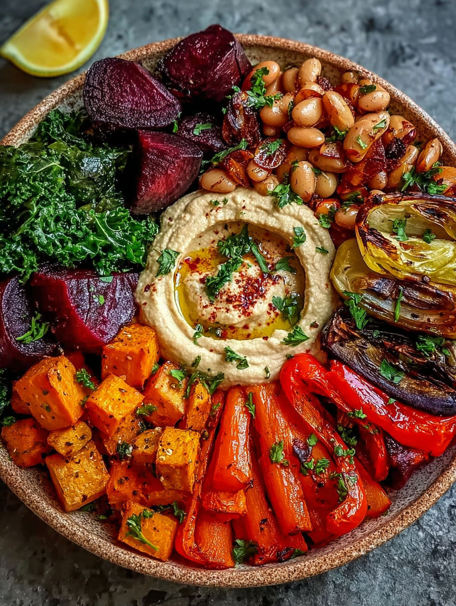 A bowl of roasted vegetables and hummus.