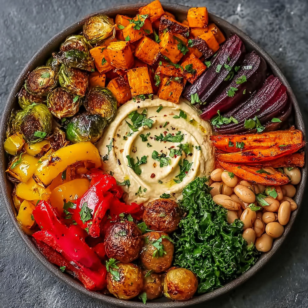 A bowl of roasted vegetables and hummus.