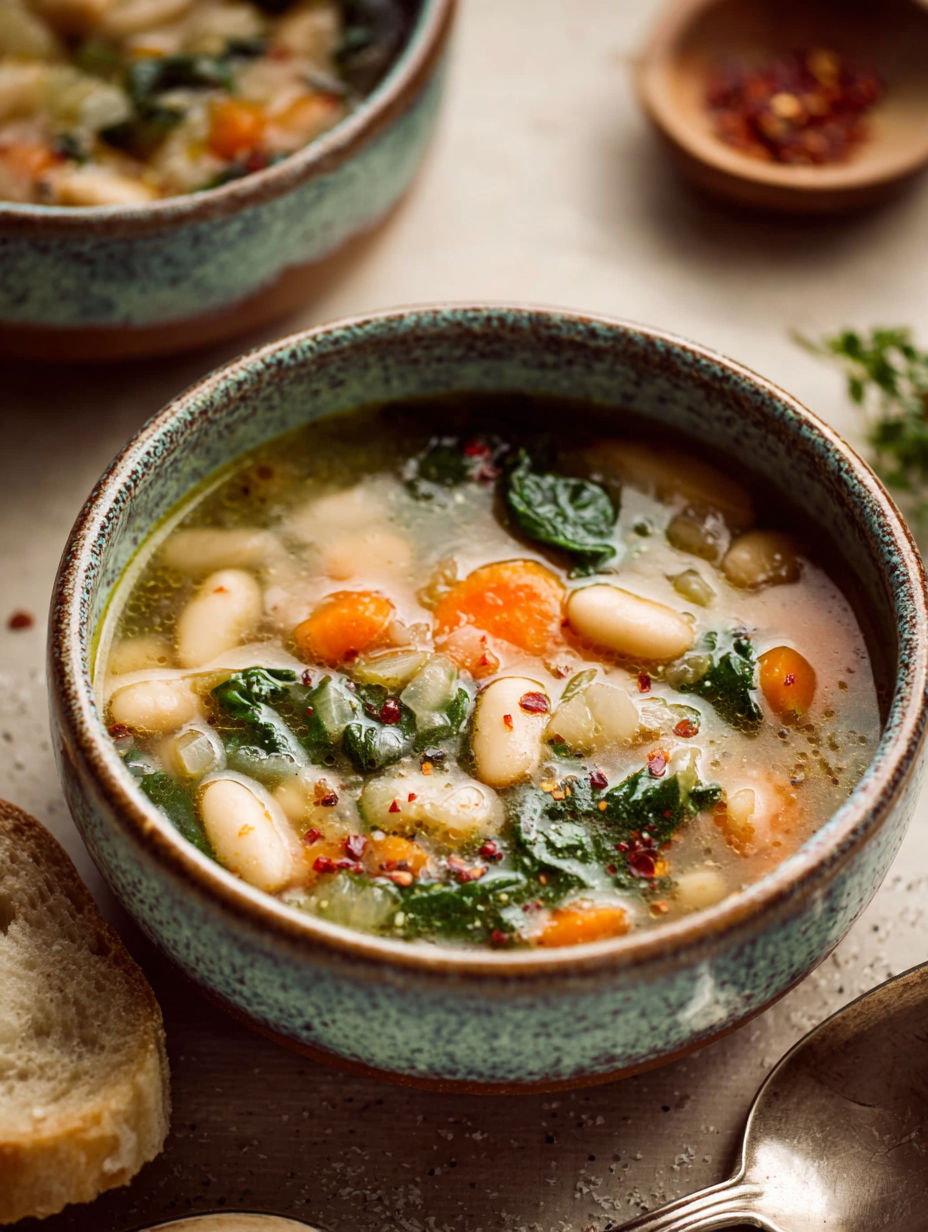 A bowl of soup with beans and greens.