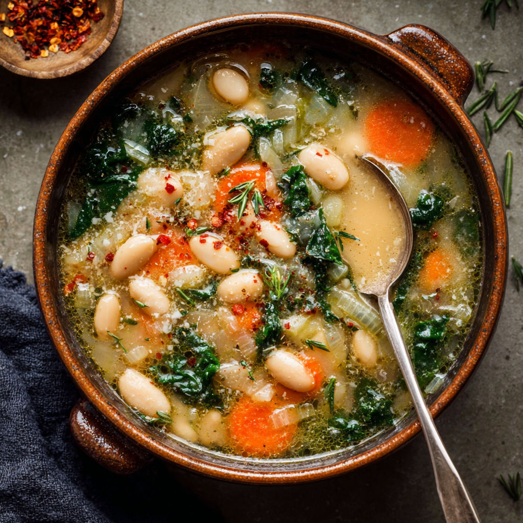 A bowl of soup with beans, carrots, and greens.