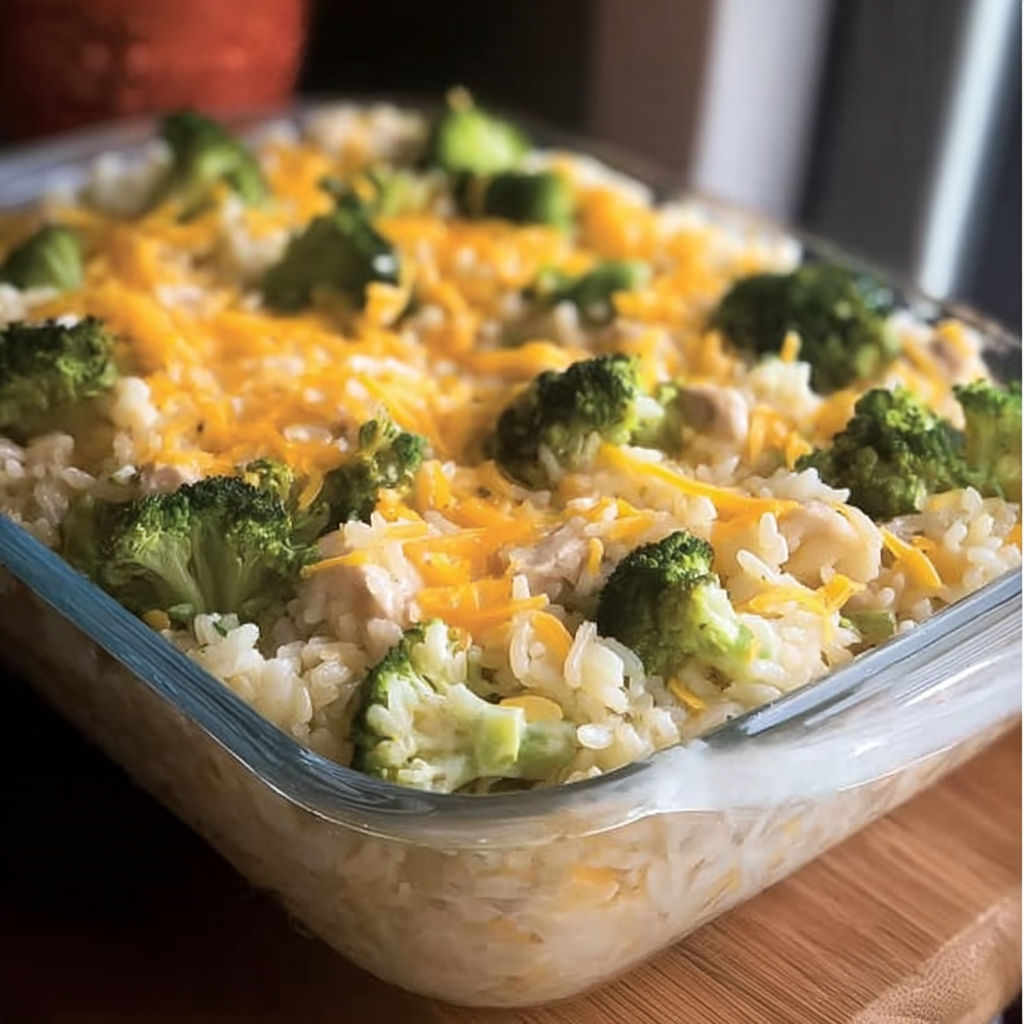 A casserole with rice, broccoli, cheese, and chicken.