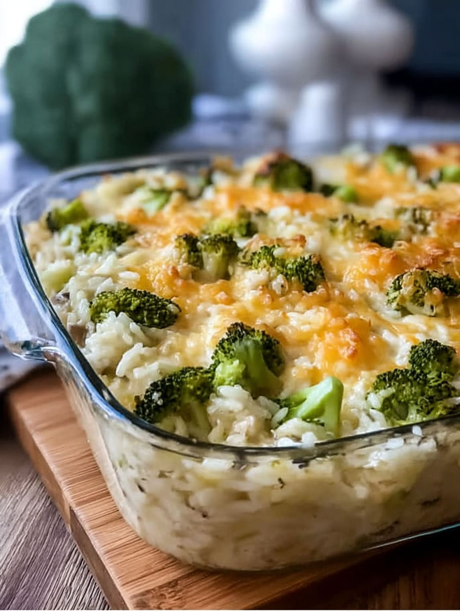 A casserole with rice, broccoli, cheese, and chicken.
