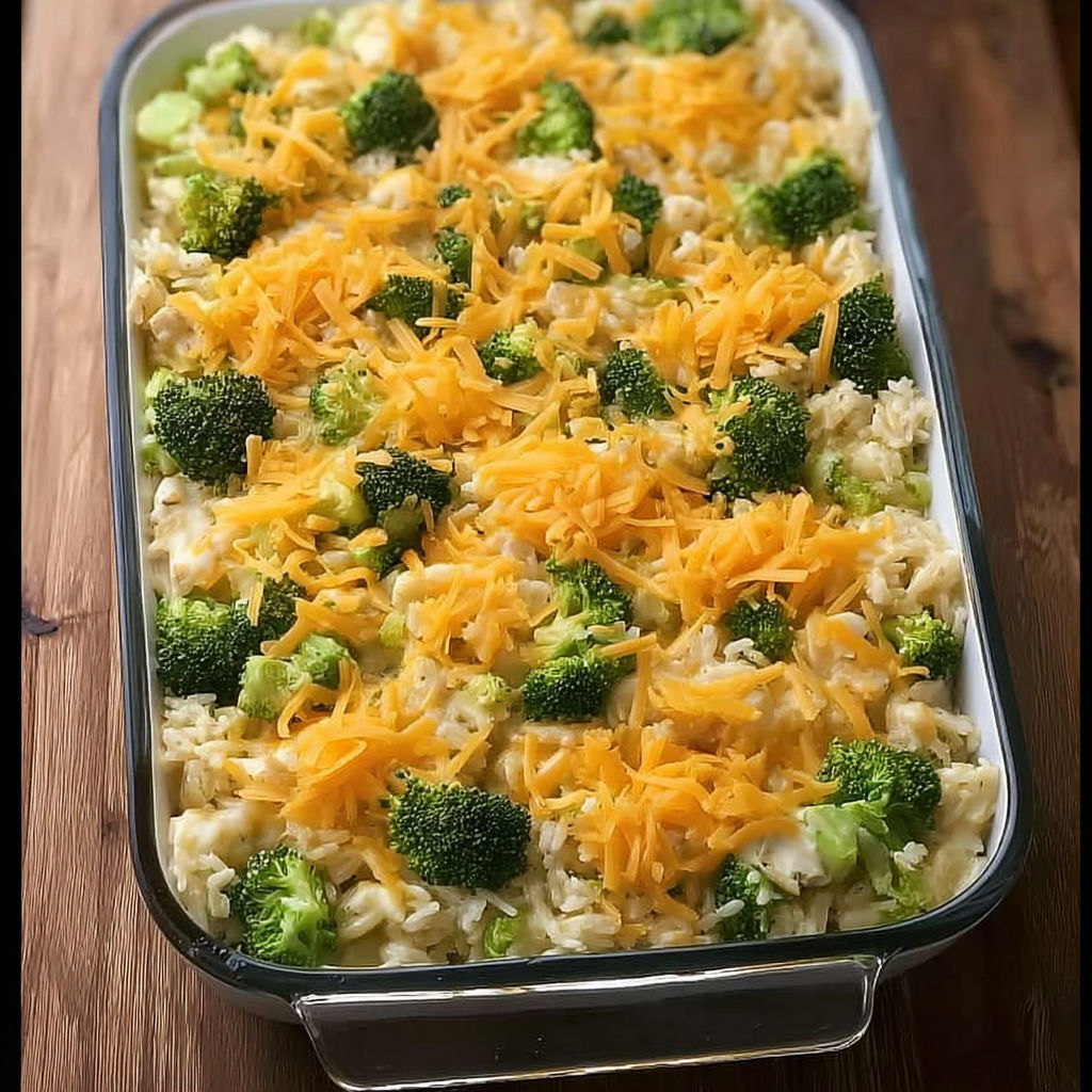A casserole with rice, cheese, and chicken.