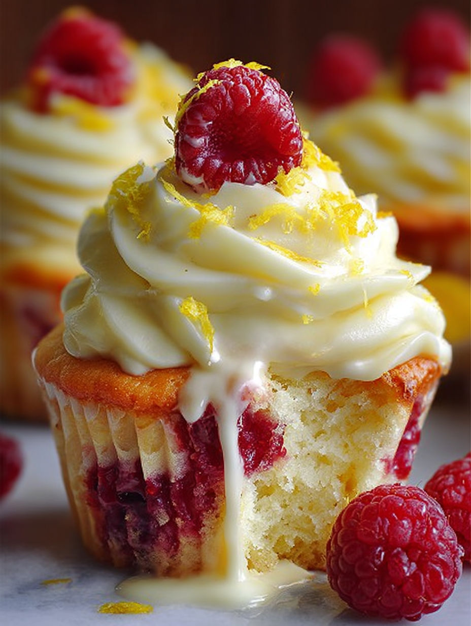 A cupcake with white frosting and a raspberry on top.