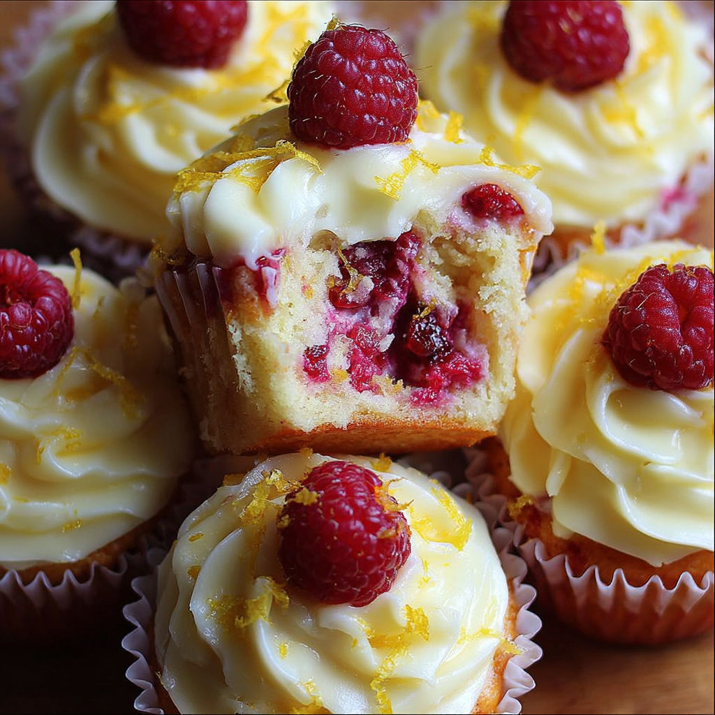 Raspberry lemon cupcakes with white frosting.