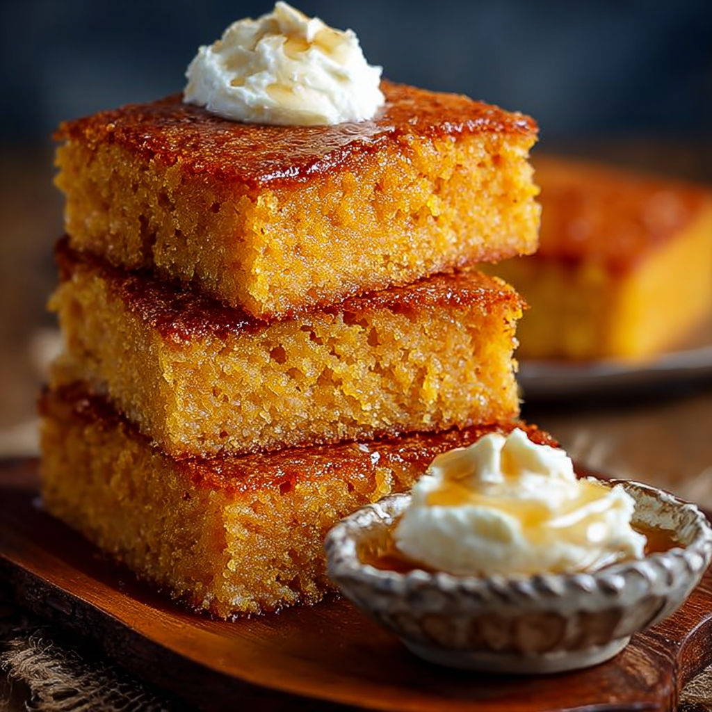 A stack of honey butter sweet potato cornbread.