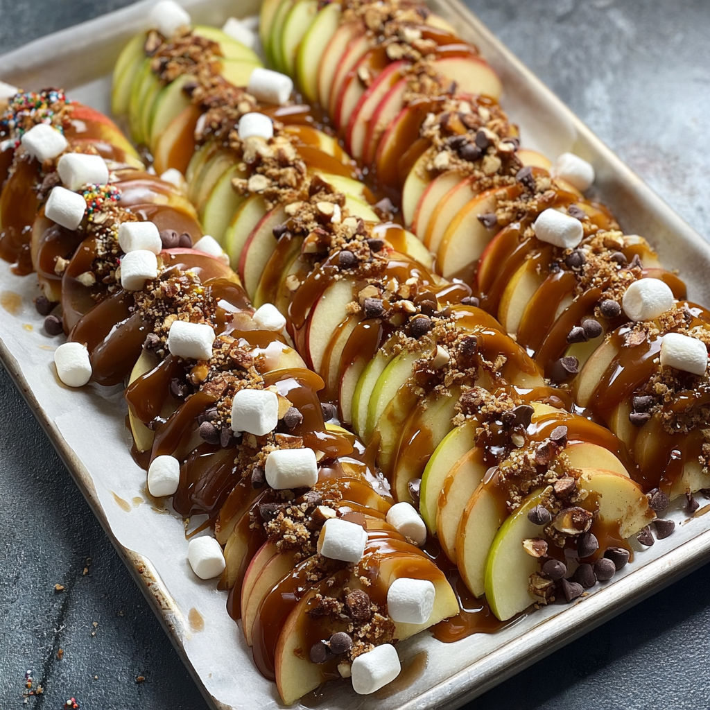 A pan of caramel apples with marshmallows on top.