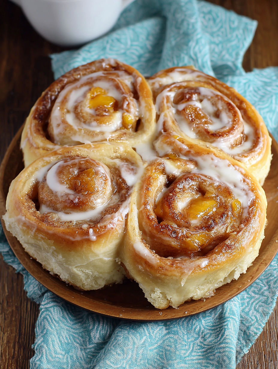 Peach pie cinnamon rolls on a plate.