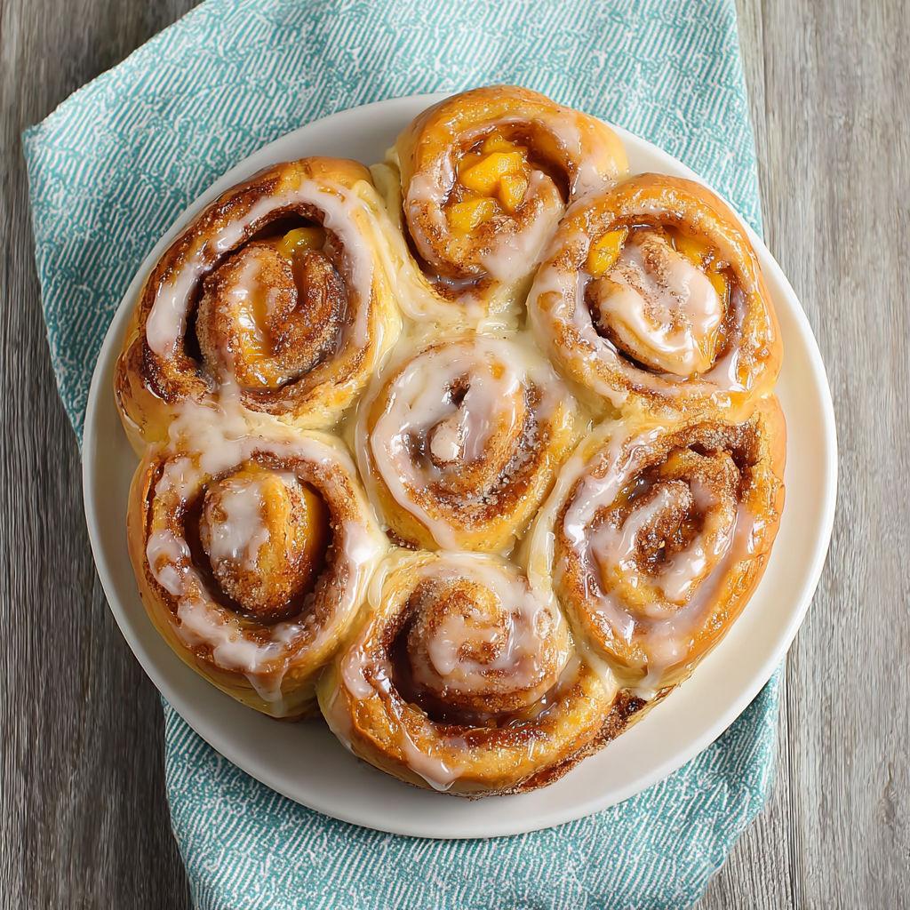 A plate of cinnamon rolls with peach filling.