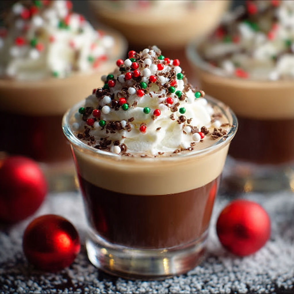 A glass of chocolate pudding with a sprinkle of green and red on top.