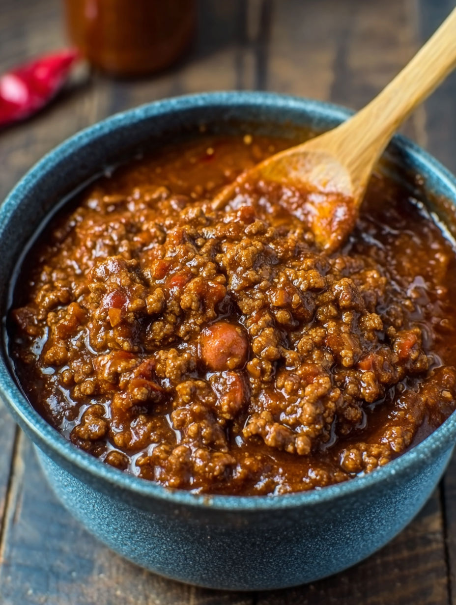 A bowl of chili sauce with a wooden spoon in it.