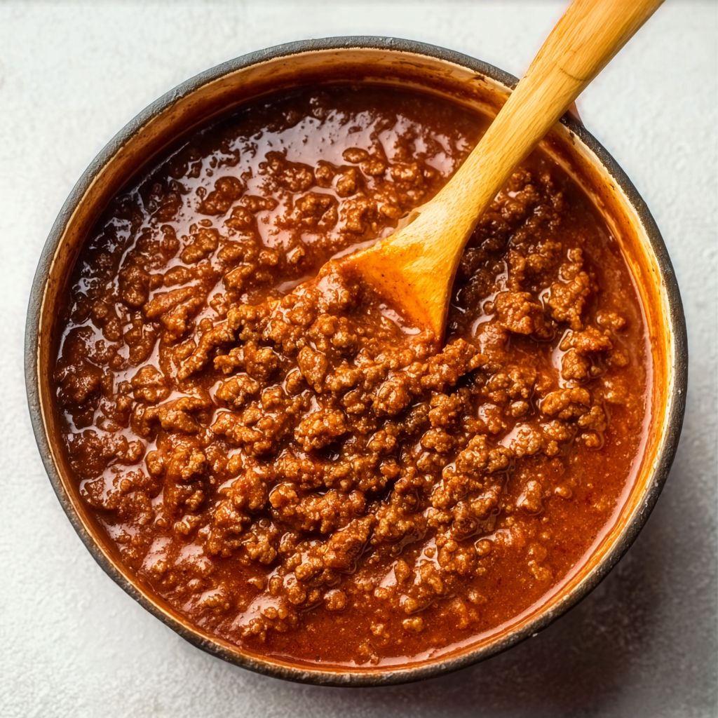 A spoon is in a bowl of chili.