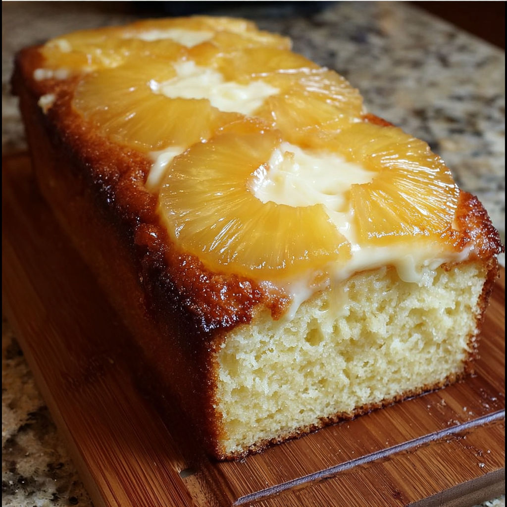 A slice of pineapple cream cheese pound cake.