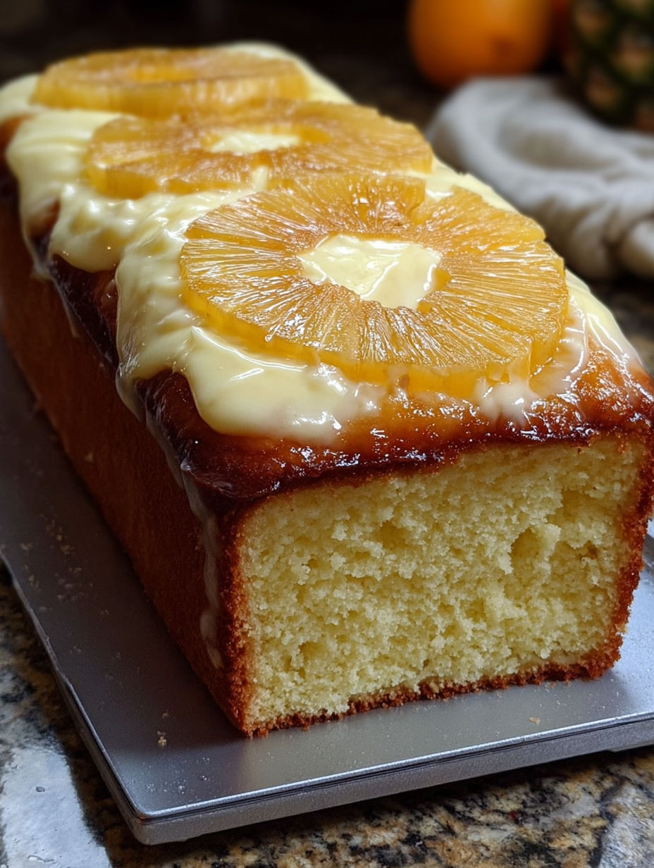 A slice of pineapple cream cheese pound cake.
