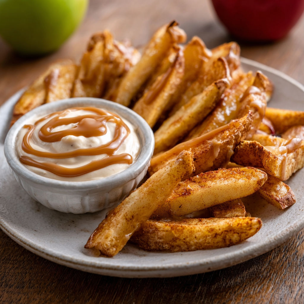 Air fried apple wedges with caramel whipped cream dipping sauce.