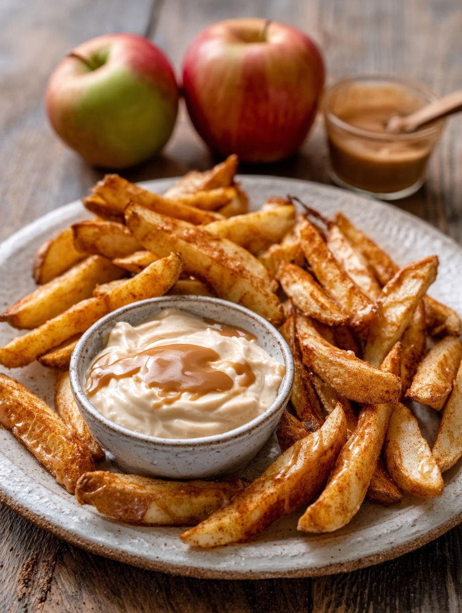 A plate of french fries with a bowl of caramel whipped cream dipping sauce.