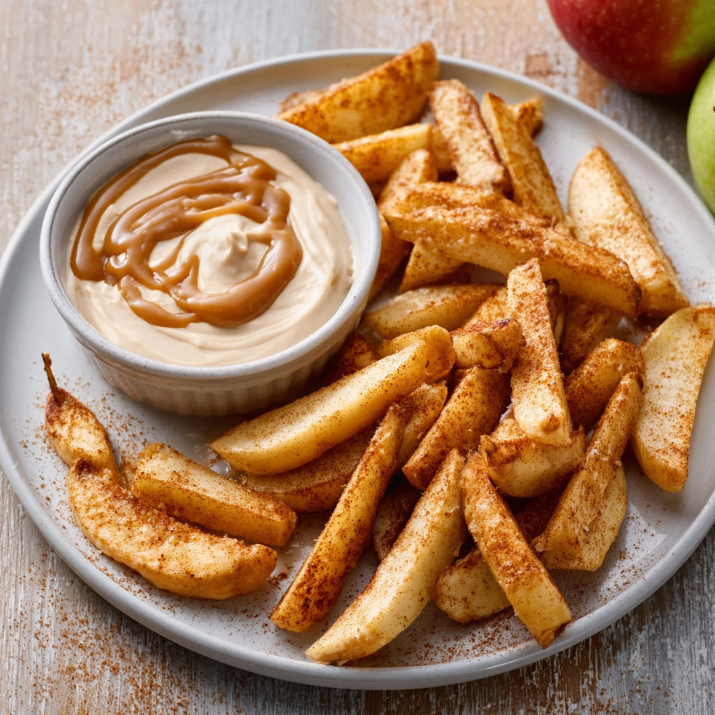 A plate of air fried apple wedges with caramel whipped cream dipping sauce.