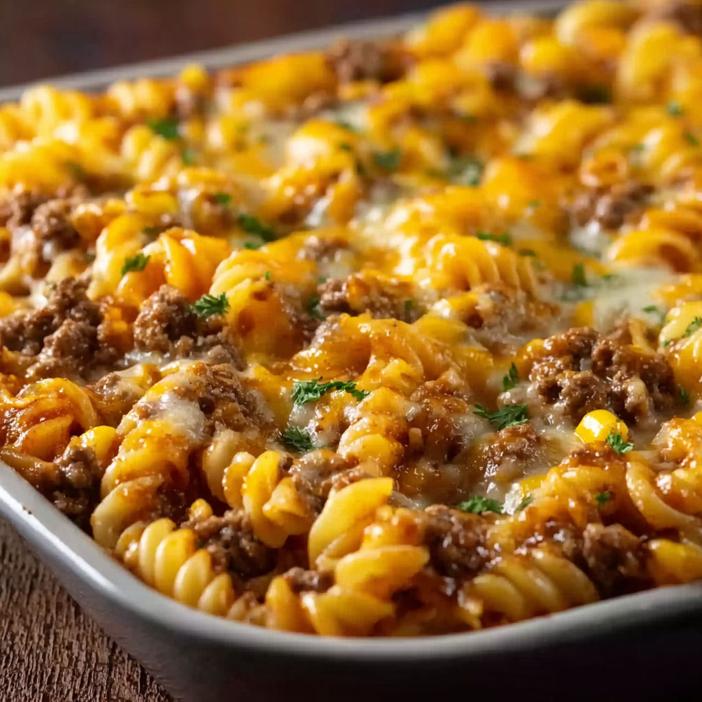 A loaded cowboy cheeseburger casserole.