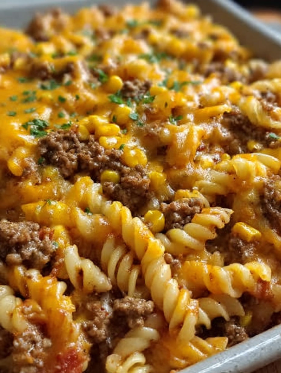 A close up of a loaded cowboy cheeseburger casserole.