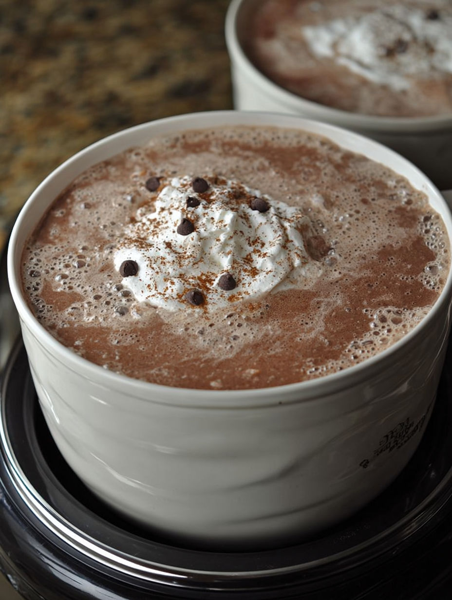 A cup of creamy crock pot hot chocolate.