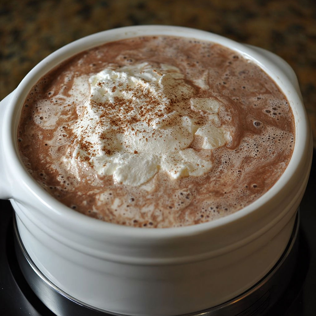 A bowl of creamy crock pot hot chocolate.