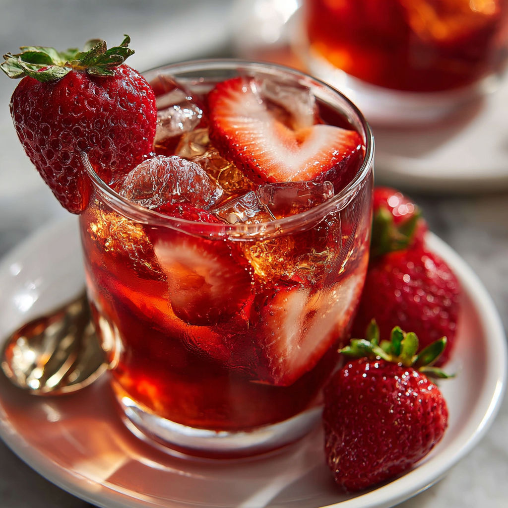 A glass of red strawberry juice.