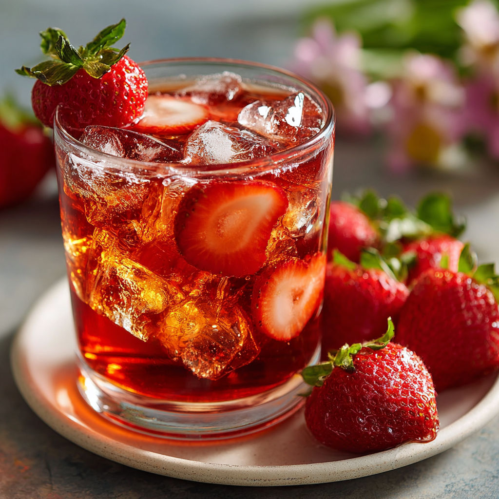 A glass of strawberry juice with strawberries on the side.