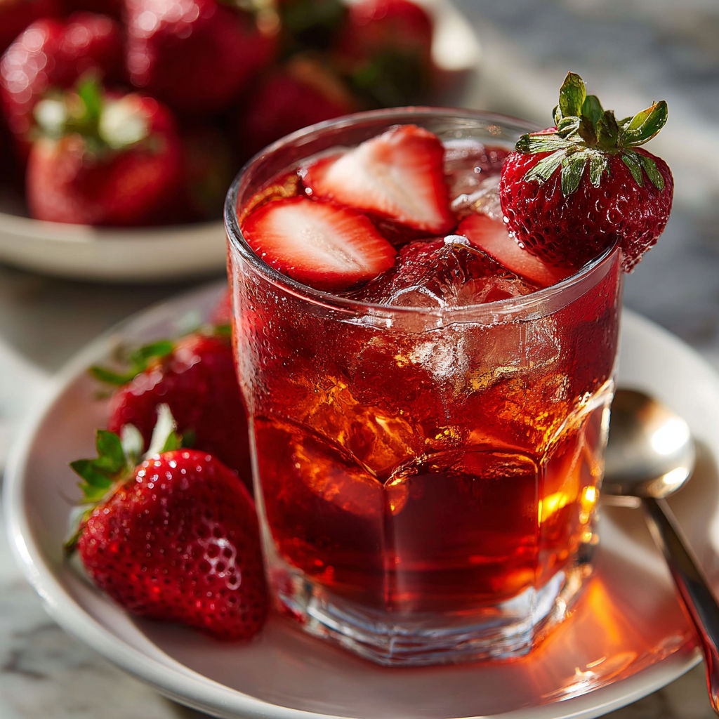 A glass of strawberry juice with strawberries on the side.
