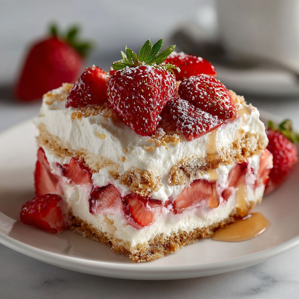 A slice of cake with strawberries on top.