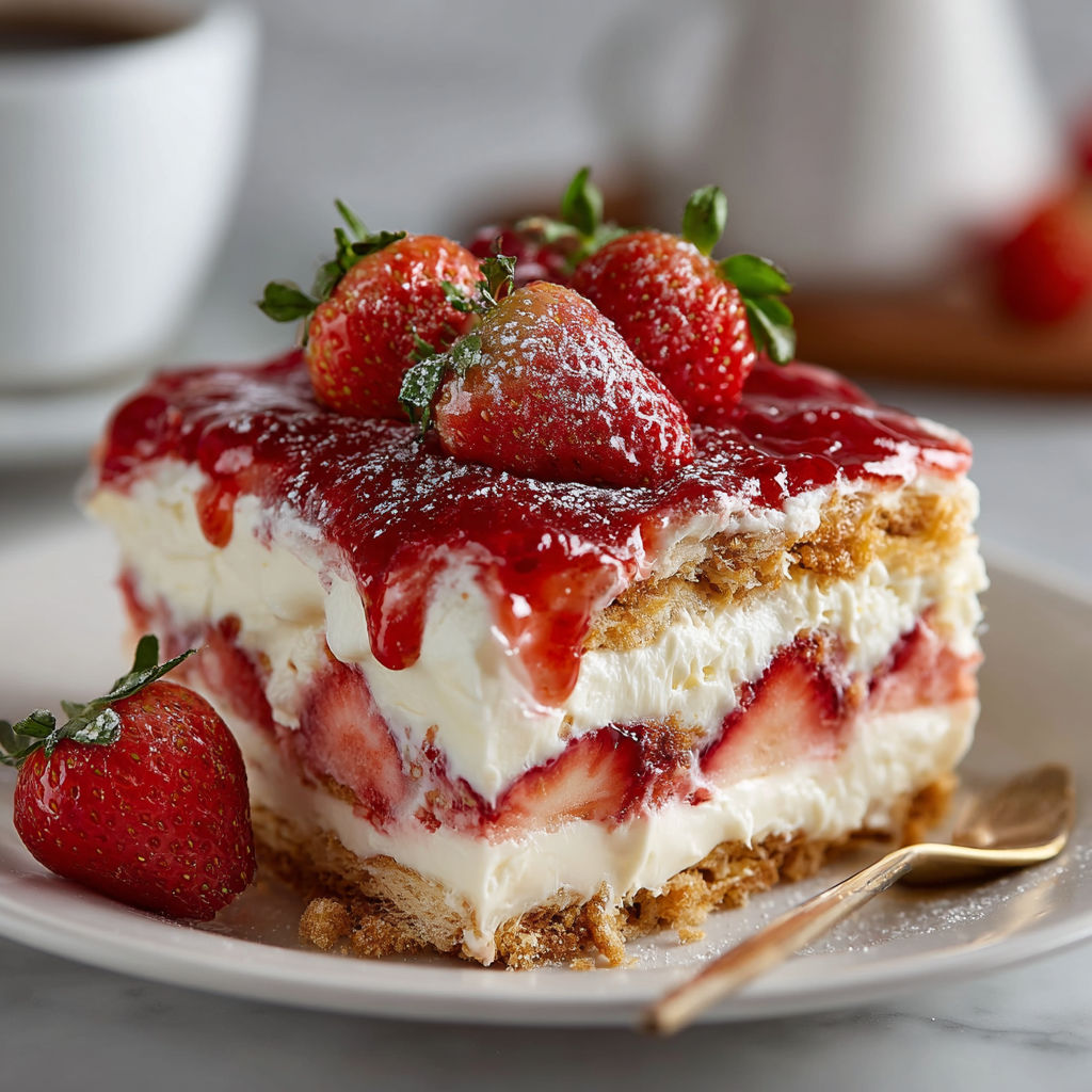 A slice of cake with strawberries on top.