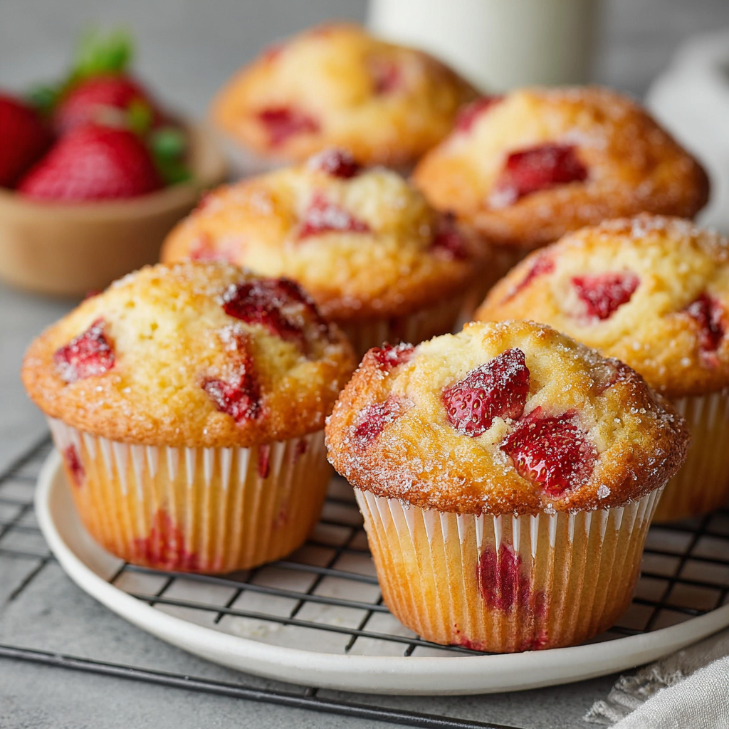 A plate of muffins with strawberries on top.