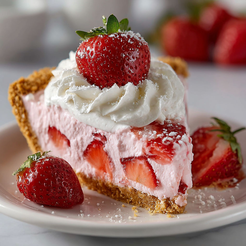 A slice of strawberry cheesecake on a plate.
