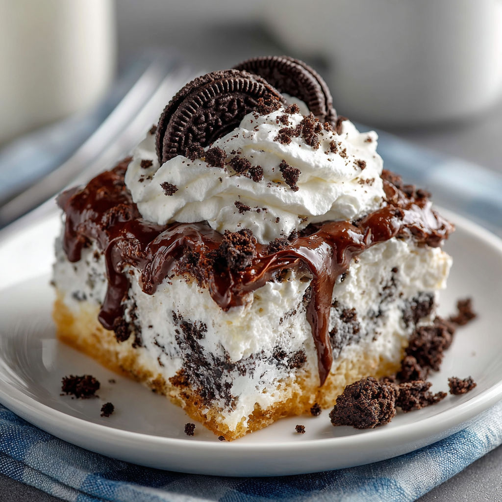 A slice of cake with Oreo cookies on top.